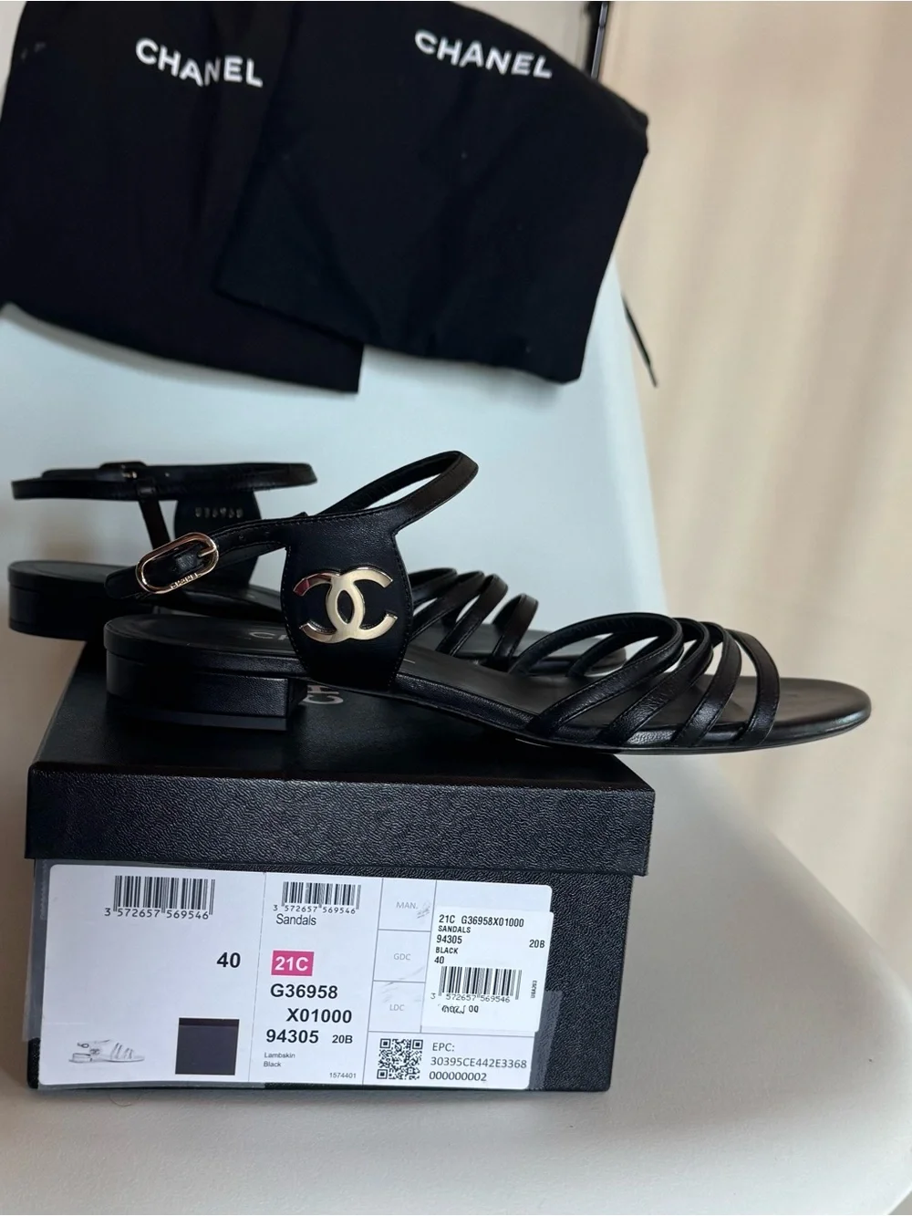 CHANEL Black Lambskin Leather Strappy Sandals with Gold CC Emblems. EU 40